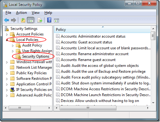 Local Security Policy Options for Windows 7