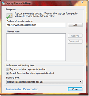 Pop-up Blocker Settings