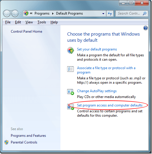 Set Program Access and Computer Defaults in Windows 7