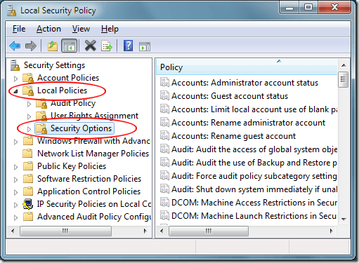 Windows 7 Local Policies Security Options