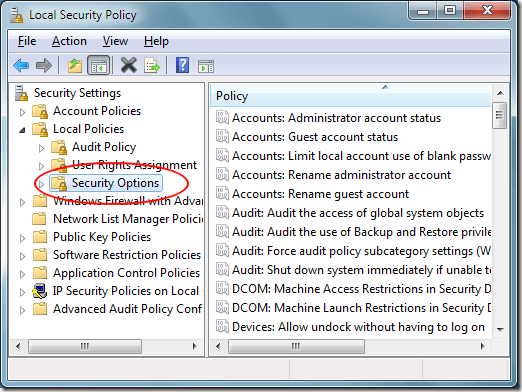 Windows 7 Security Options