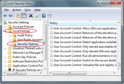 Windows 7 Security Options