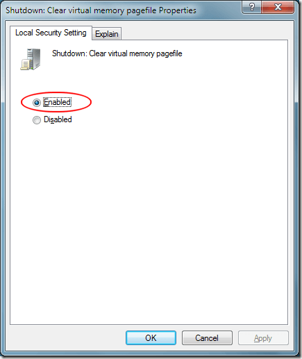 borrar el archivo de paginación de la memoria virtual cuando el sistema apaga Windows 7