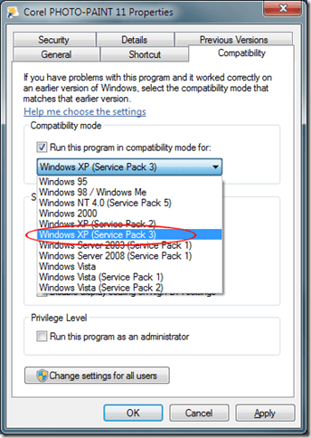 Choose Windows XP Compatibility Mode