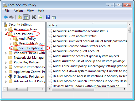 Click on Local Policies and then Security Options
