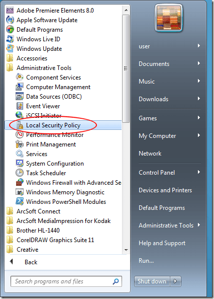 Click on Local Security Policy in Windows 7 Administrative Tools