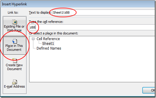 Link to a Place in the Same Excel Document