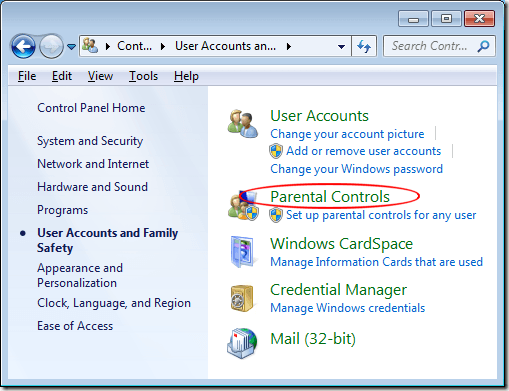 Parental Controls in Windows 7 Control Panel
