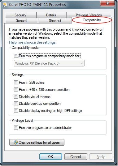Windows 7 Compatibility Options
