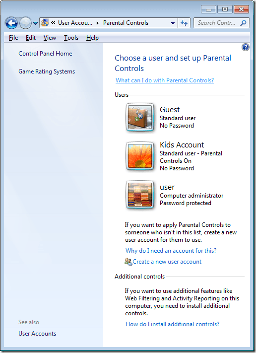Windows 7 Parental Controls Console