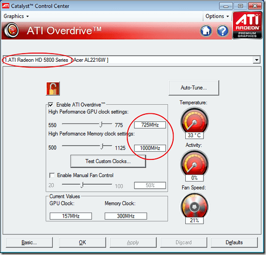 ATI Radeon HD 5850 Clock Values