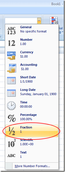 Choose Fraction from the Excel Menu