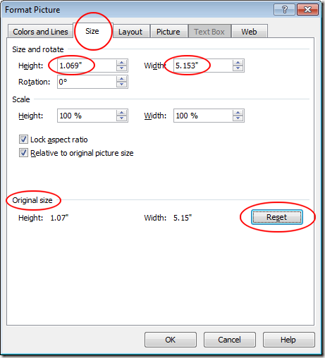 Click the Reset Button on the Format Picture Window