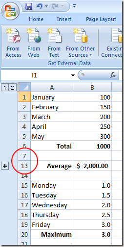 Свернутые строки на листе Excel