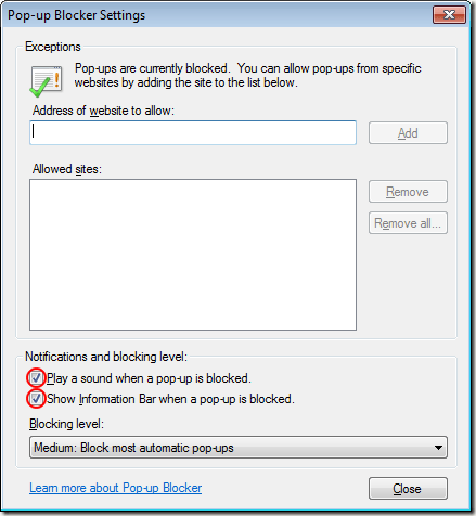 Disable IE8 Pop-up Blocker Alerts