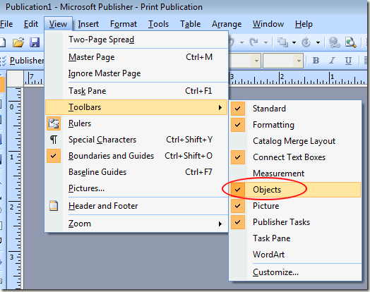 Objects Toolbar in Microsoft Publisher
