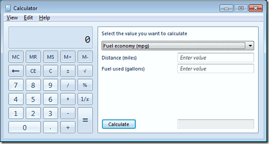 Windows 7 Calculator Fuel Economy MPG Worksheet