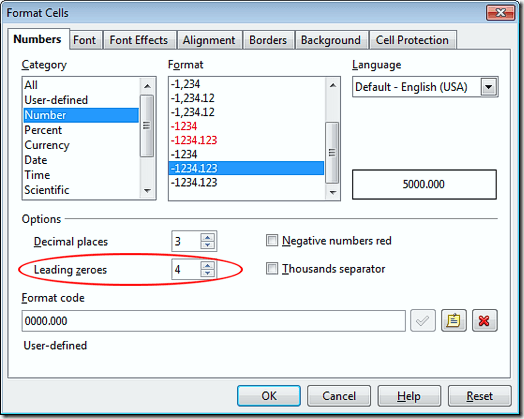 Change Number of Leading Zeroes in OpenOffice Calc