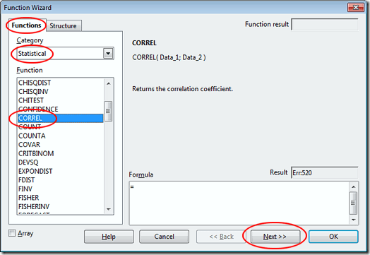 Click on CORREL in Calc's Function Wizard Window