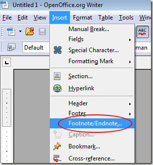 Click on Insert Footnote Endnote in OpenOffice Writer