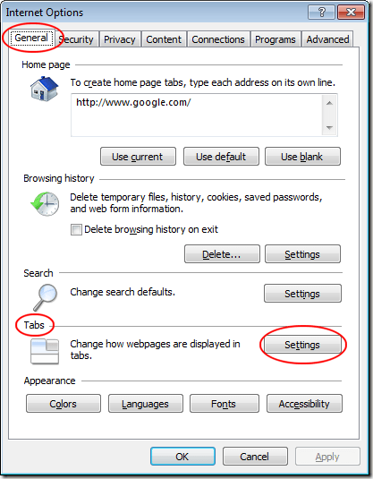 Click on Tabs Settings in Internet Explorer 8