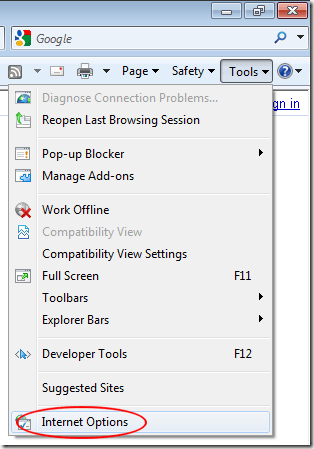 Click on Tools and Internet Options in IE8