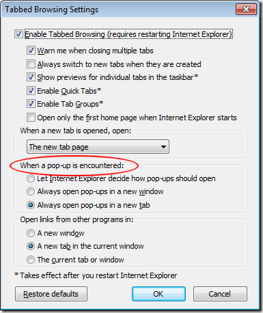 Internet Explorer 8 Tabbed Browsing Settings