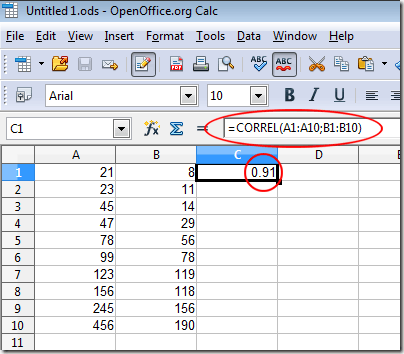 Results of a Correlation Calculation in OpenOffice Calc