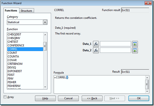 The CORREL Function in OpenOffice Calc
