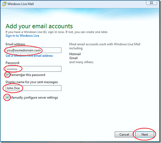 Add E-mail Information in Windows Live Mail