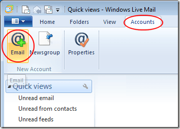 Click on Accounts and E-mail in Windows Live Mail
