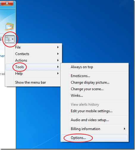 Click on Tools and Options in Windows Live Messenger