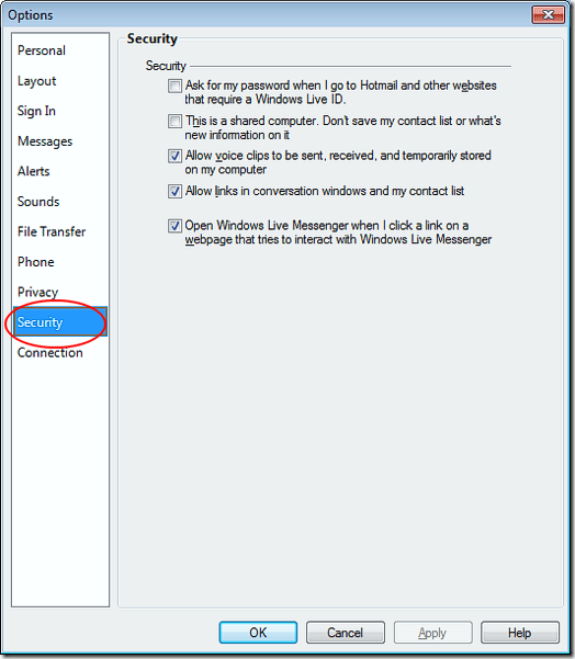 Edit Security Settings in Windows Live Messenger