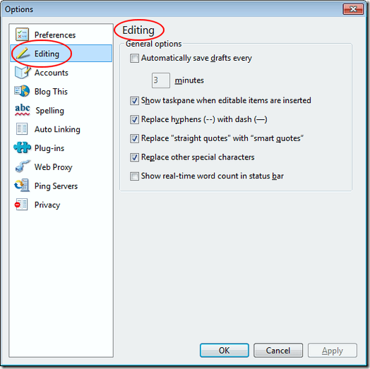Windows Live Writer Editing Options