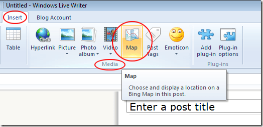 Click on the Map Button in Windows Live Writer