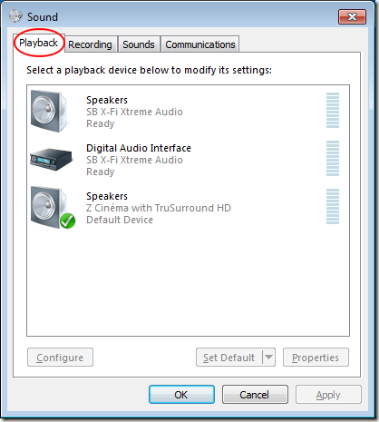The Playback Tab on the Sound Window in Windows 7