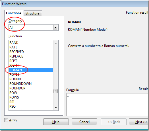 Choose the Roman Function in OpenOffice Calc