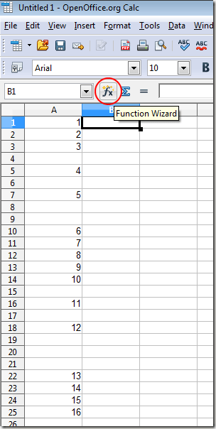 Click on the Function Wizard Button in OpenOffice Calc