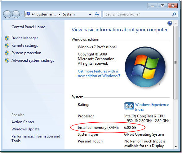 Find Amount of Installed Memory in Windows 7 64 bit