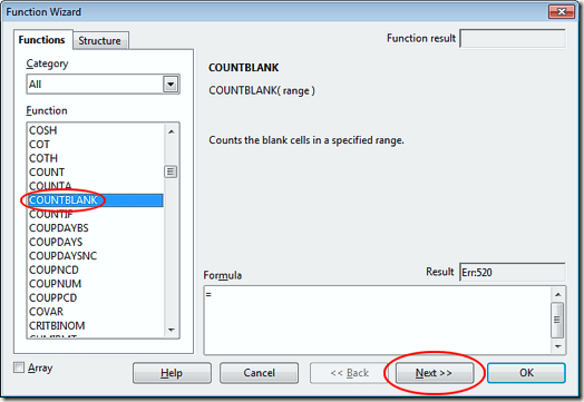 Locate the COUNTBLANK Function in OpenOffice Calc
