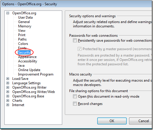 OpenOffice Writer Security Options