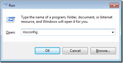 Run MSCONFIG from the Run Command in Windows 7