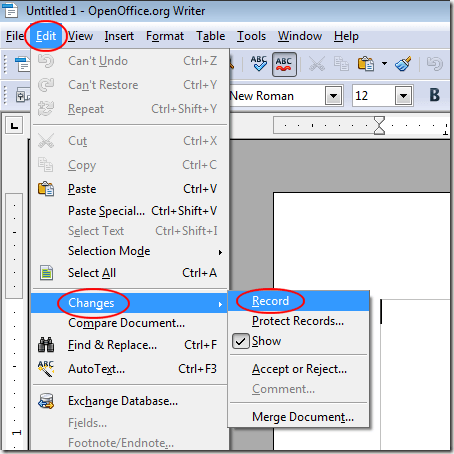 Turn on Track Changes in OpenOffice Writer