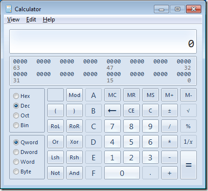 Windows 7 Calculator Programmer View