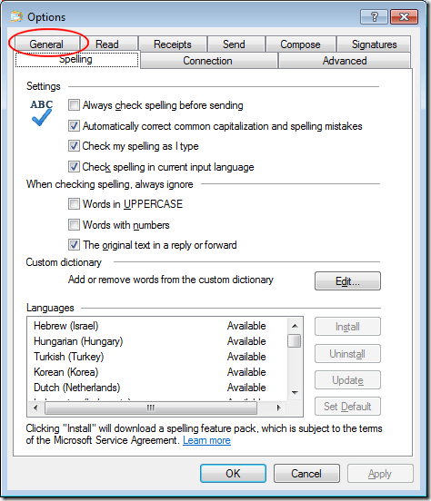 Windows Live Mail General Tab