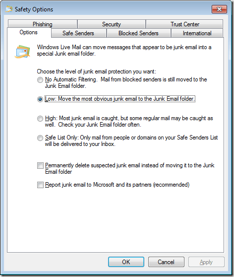 Windows Live Mail Junk E-mail Options
