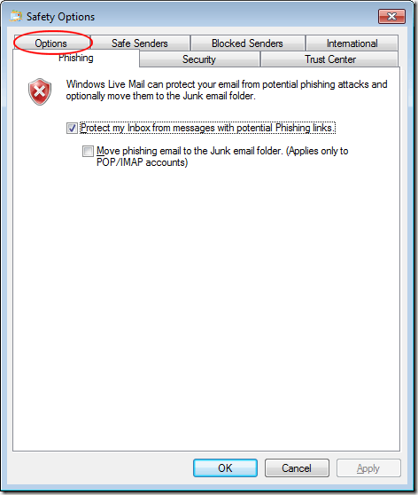 Windows Live Mail Options Tab