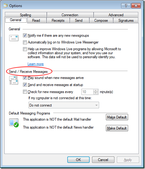 Windows Live Mail Send and Receive Messages Options