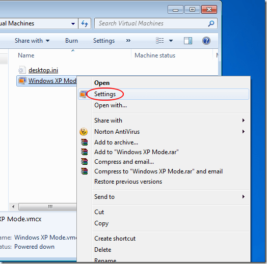 Windows XP Mode Settings