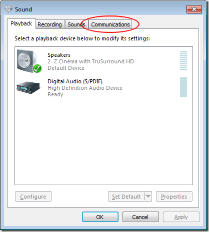 Click on the Communications Tab in Windows 7
